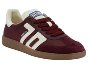 A Back To School low-top sneaker in burgundy suede and mesh with white side stripes, burgundy laces, a cream collar, and a brown gum sole.