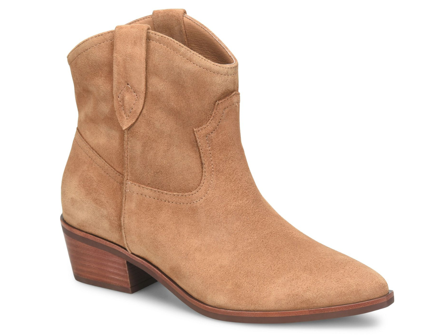 A tan suede ankle boot with a low stacked heel, pointed toe, and decorative stitching, shown on a plain white background.