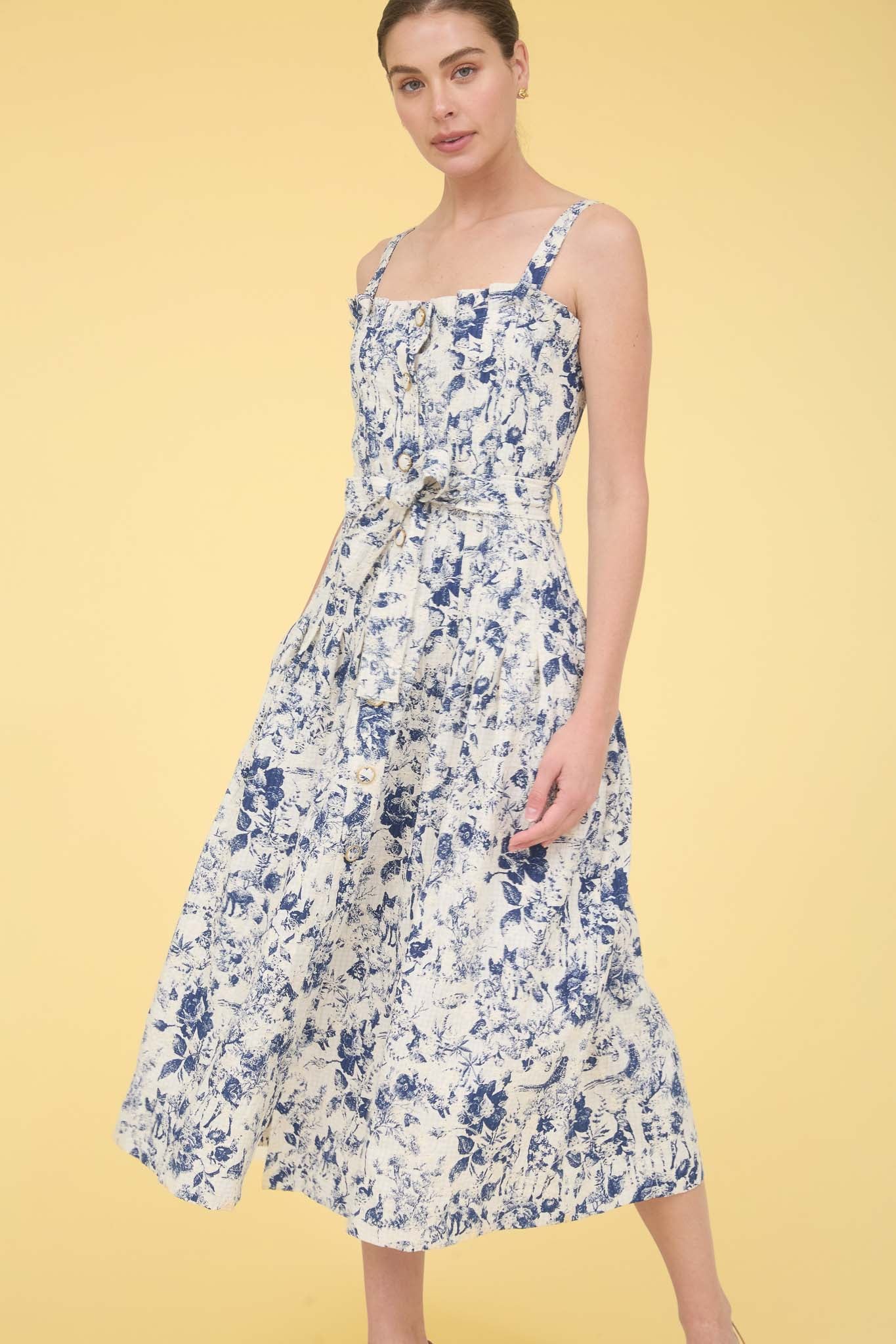 ZOE AND CLAIRE:SLEEVELESS NAVY FORSET PRINTED DRESS
