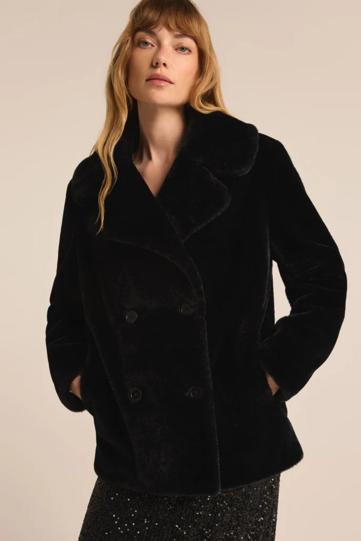 Z Supply: Gem Double Breasted Fur Coat in Black - J. Cole ShoesZ SUPPLYZ Supply: Gem Double Breasted Fur Coat in Black