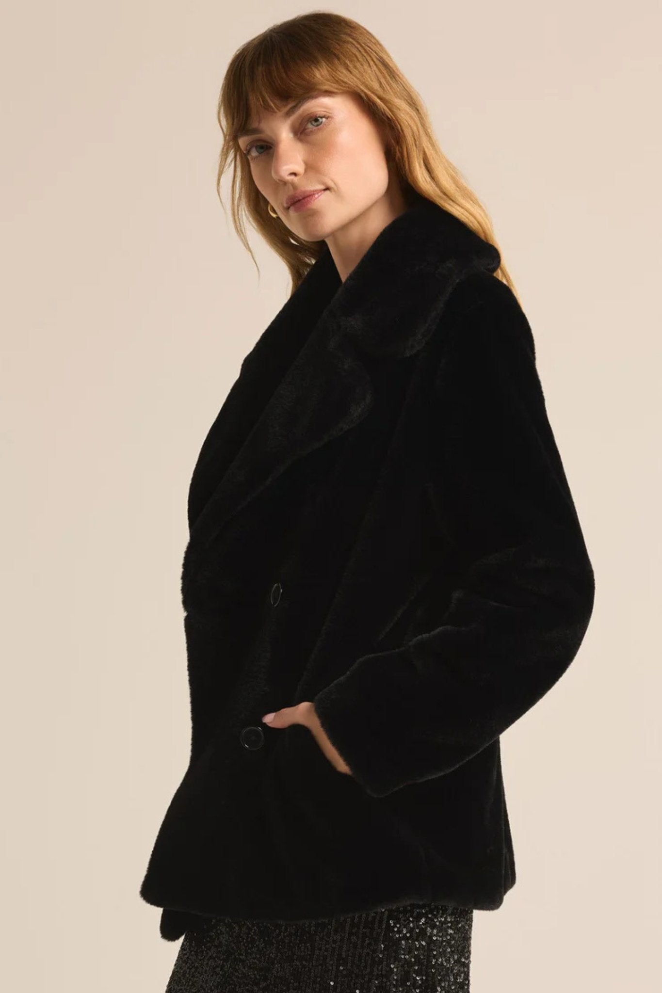 Z Supply: Gem Double Breasted Fur Coat in Black - J. Cole ShoesZ SUPPLYZ Supply: Gem Double Breasted Fur Coat in Black