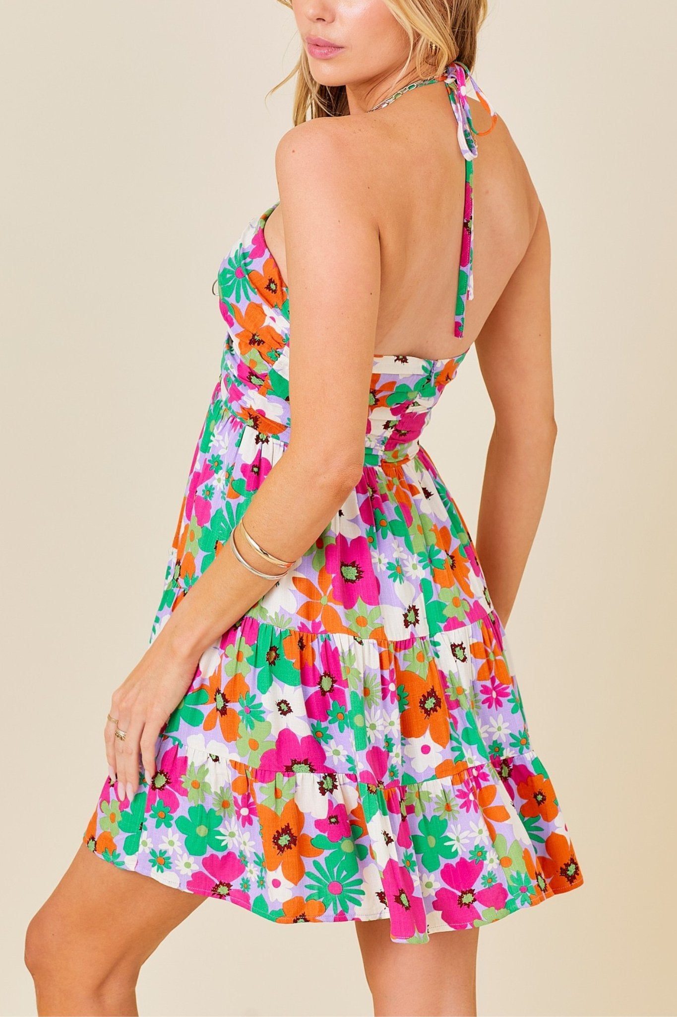 Day + moon: floral print hauler neck tie multi tiered mini dress Day + moon: floral print hauler neck tie multi tiered mini dress