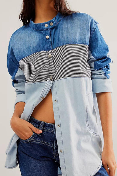 Free People: Moto Color Block Shirt in Blue Combo - J. Cole ShoesFREE PEOPLEFree People: Moto Color Block Shirt in Blue Combo