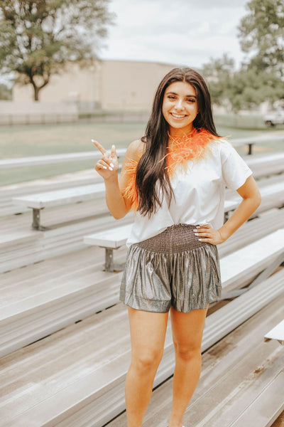 Queen Of Sparkles: One Shoulder Feather Tee in White & Orange - J. Cole ShoesQueen Of SparklesQueen of Sparkles Tulsa